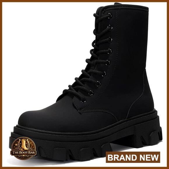 Shoes - Chunky Heel Combat Boots Platform Ankle Booties Lace Up Streetwear